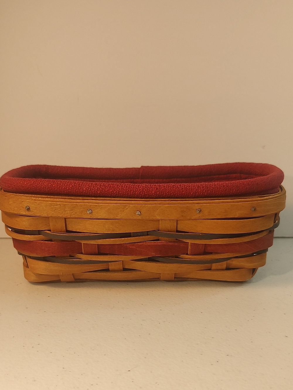 Longaberger Tidbit Basket And Fabric Liner In Paprika With Navy & Red Weavers